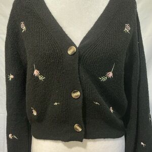 Embroidered Black Cardigan Sweater